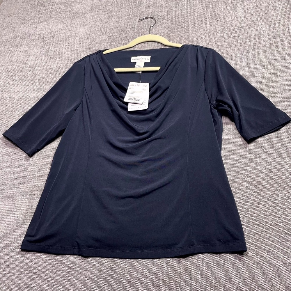 Doncaster Blouse Top Womens LM Navy Blue Stretch Drape Cowl Neck 3/4 Sleeves